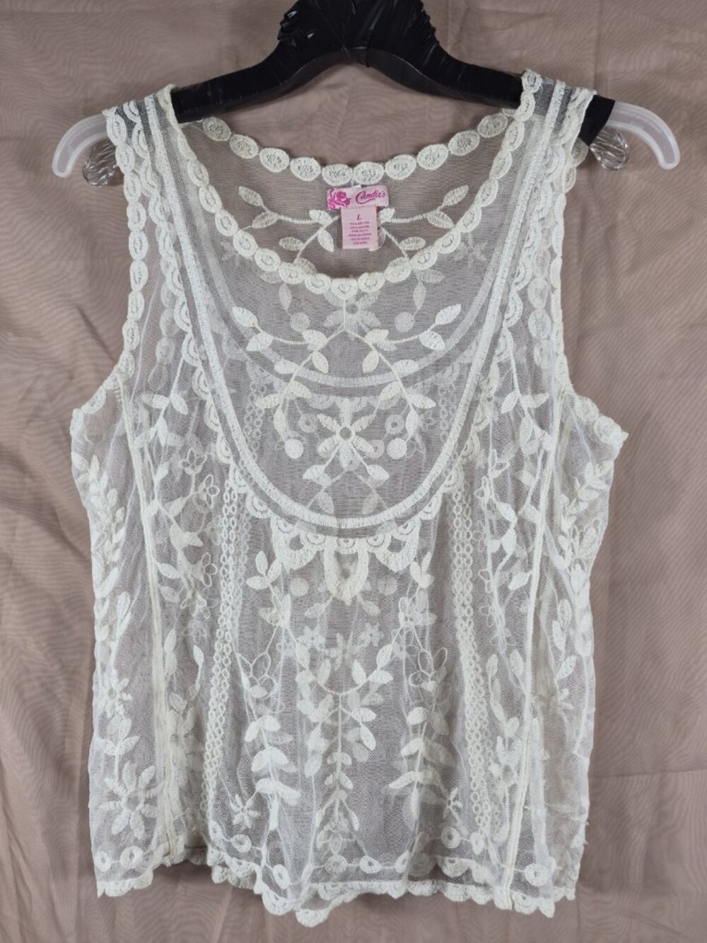 CANDIES women's cream/ivory lace sheer embroidered florals Camisole top size L